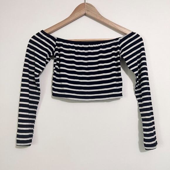 Missguided Navy and White Striped Off the Shoulder Long Sleeve Crop Size 8 - Picture 2 of 5